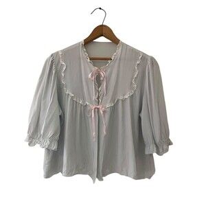 40s vintage / Bed Jacket Bows + Ruffles Coquette Babydoll Blue Women's S/M